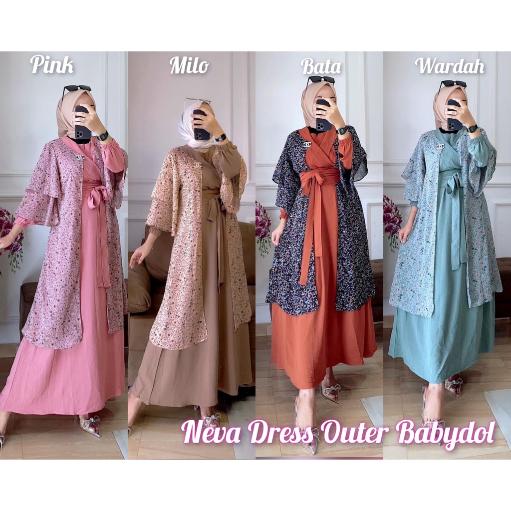 Neva Dress Outer 2in1 / Gamis Rompi Terpisah / Baju Kondangan Pesta Bridesmaid Pernikahan Bahan Cringkel Polos Dan Ceruty Babydoll