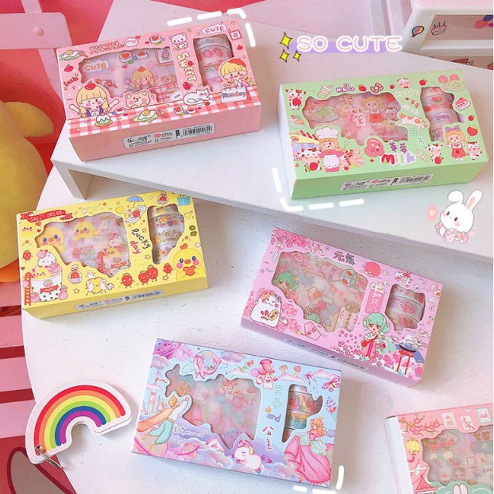 ELEGANT 13pcs/set Scrapbooking Sticker Set Cute Kawaii Decorative Sticker Masking Tape DIY Scrapbooking Bear Bunny Rabbits Unicorn Duck Cat Gift Box Stationery Prince Princess Dessert Adhesive Decals