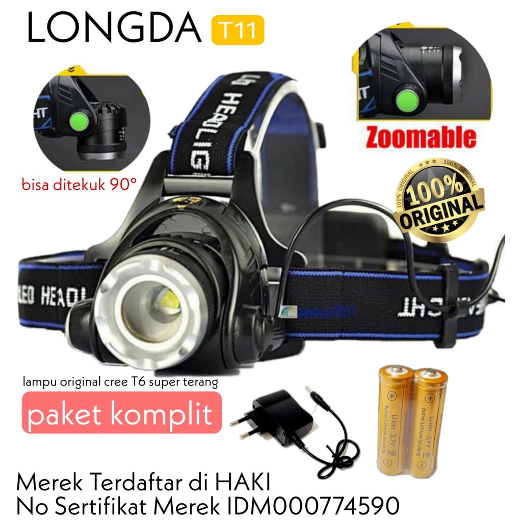 SENTER KEPALA CAS HEAD LAMP LED CREE XML ORI LAMPU T6 HD LD T11 RECHARGEABLE