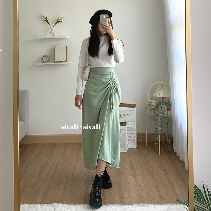 Tamara Skirt - Rok Serut Casual Flowy - Midi Maxi Ruched Skirt - Rok Wanita Korean Look-Mint