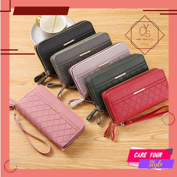 CYS Dompet Panjang Wanita 2 Resleting Import Polos Zipper Walet Clucth Free Tali Fashion Korea D55