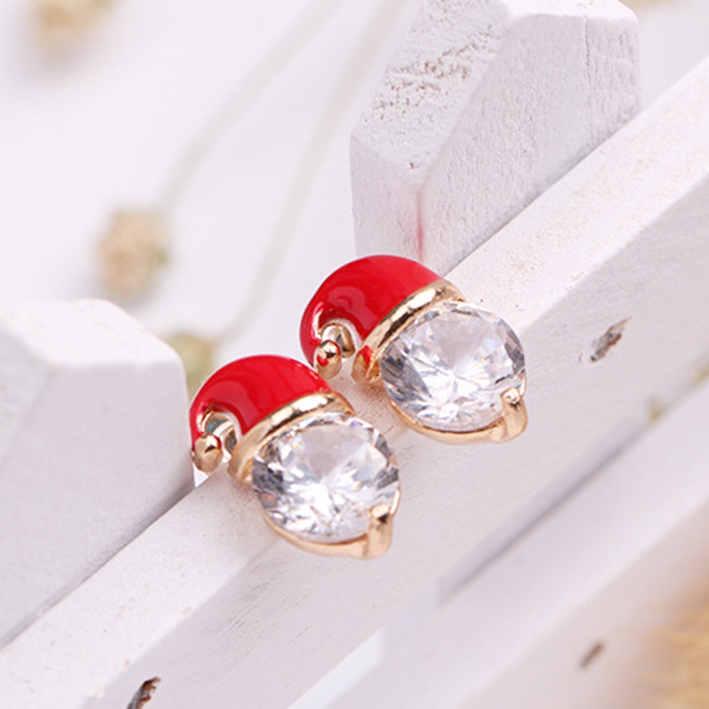 Hu Hu Hu Hu Hu Alat Bantu Pasang Kacamata♡ 1 Pasang Anting Stud Cubic Zirconia Bentuk Topi Natal Warna Merah Untuk Wanita