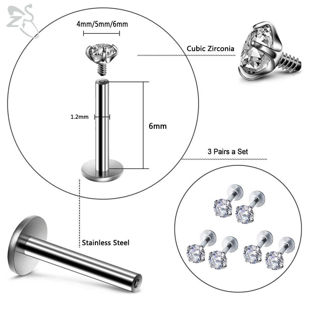 6pcs / Lot Anting Tindik Bibir / Tulang Rawan Telinga Hias Kristal Cz Bahan Stainless Steel 16g Ukuran 3 / 4 / 5 / 6mm