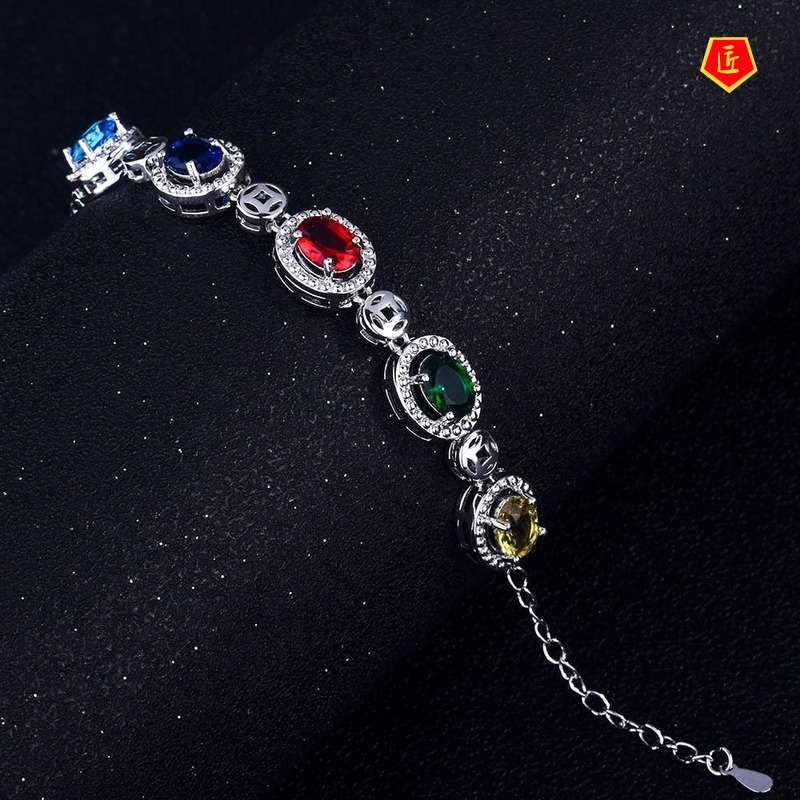 [Ready Stock]Luxury 18K Gold Ruby Inlaid Colored Gems Bracelet