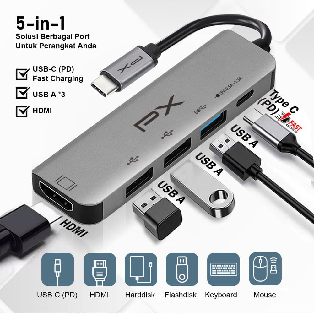 PX UCH05C 5 in 1 Type C to HDMI Hub Converter USB 3.0 4K HDMI - Garansi Resmi PX