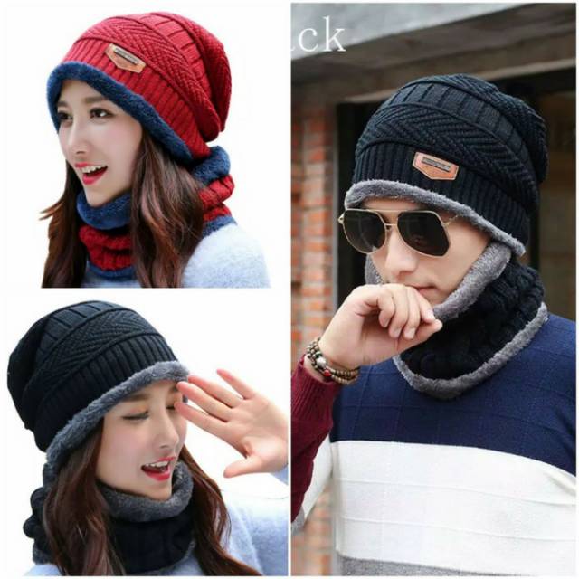 Topi rajut beany dan syal wanita - Topi syal winter musim dingin - cokelat