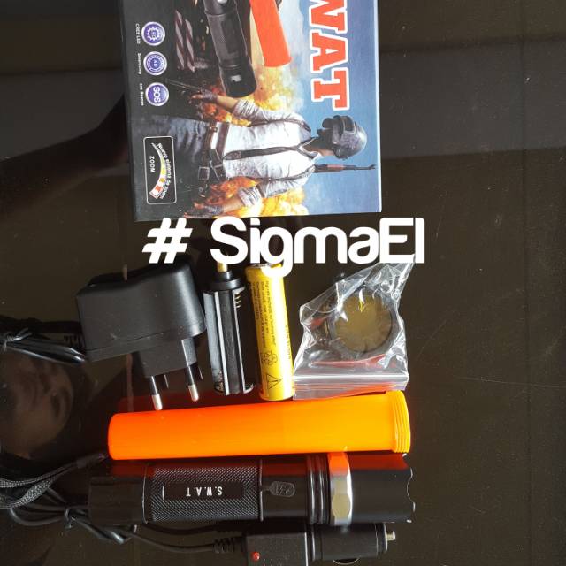 Lampu Senter SWAT Police Plus Charger Rumah dan Charger Mobil/Motor