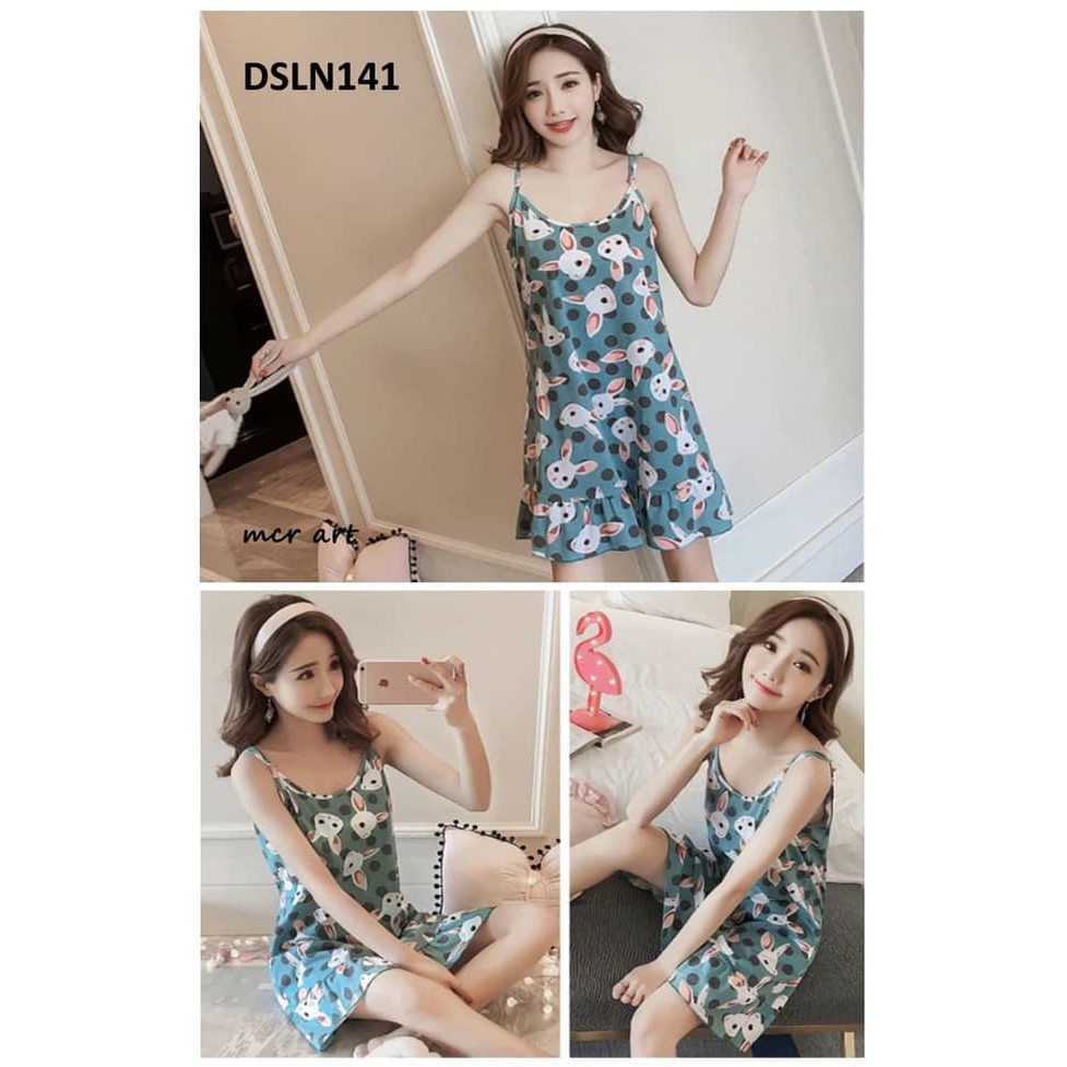 Baju Tidur Wanita Dress Tanktop Rabbit Green Dot