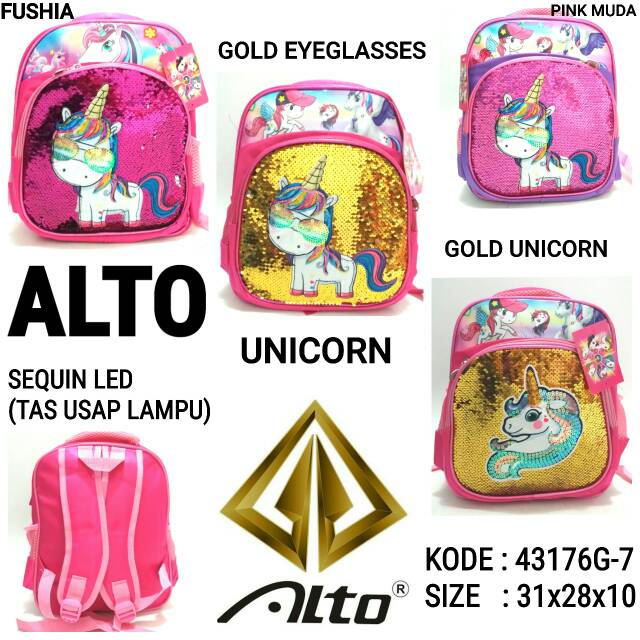 TAS SEKOLAH RANSEL BACKPACK ANAK CEWE TK ALTO 43176G-7 TAS SEQUIN LED USAP DAN LAMPU MURAH A