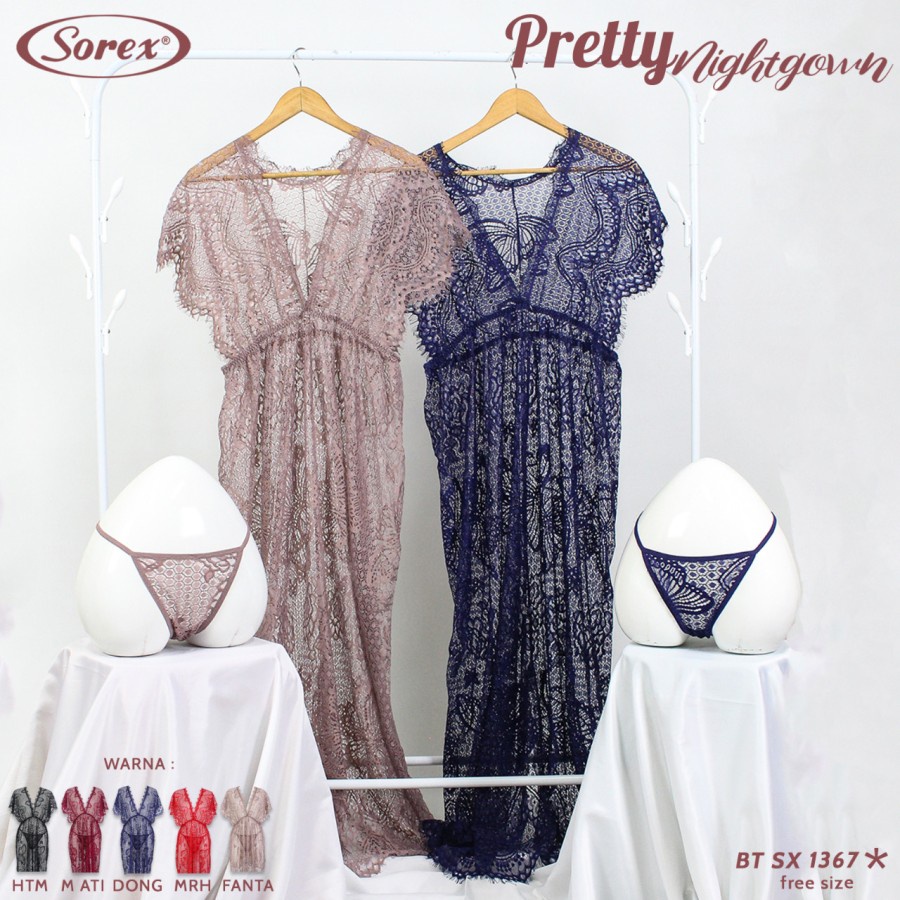 Pretty Longnightgown Brokat + Transparan Plus Gstring Sorex 1367 ORI