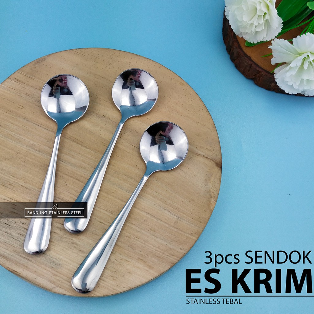 3pcs Sendok Bulat Stainless Tebal Sup Soup Spoon Es Krim Dessert Finishing Halus Hotel Standar