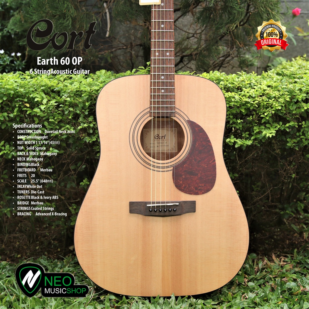 Cort Earth60 OP 6 String Acoustic Guitar Solid Spruce Top with Bag