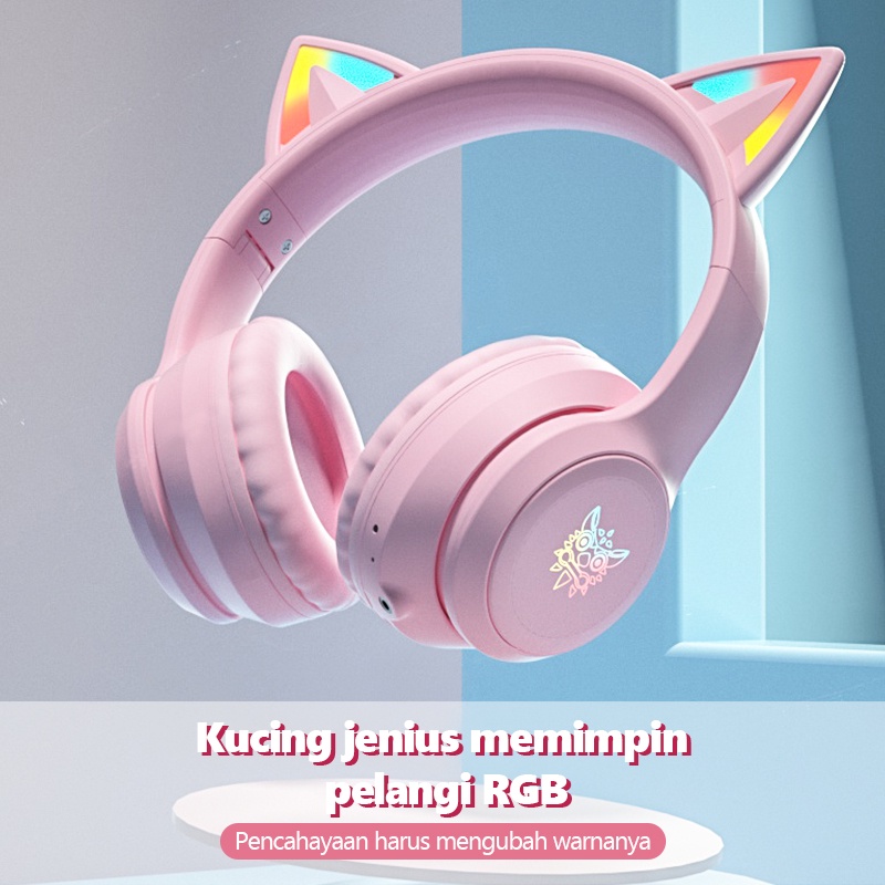 Onikuma B90 9D Suara RGB Pink Kucing Telinga Bass Kuat Bluetooth 5.0 Pengurangan Kebisingan Headphone Nirkabel Profesional Gaming Headset dengan Mikrofon Peredam Kebisingan