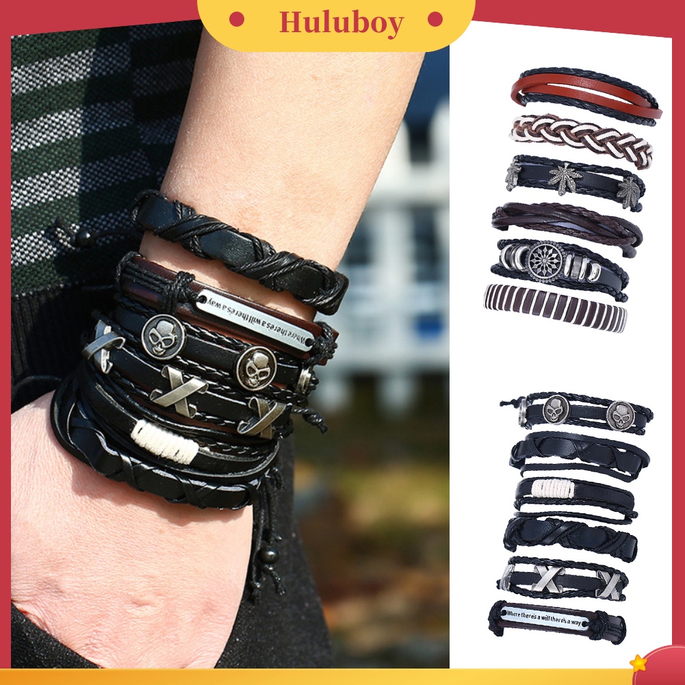 Hu Hu Hu Hu Hu Alat Bantu Pasang Kacamata♡ 6pcs Gelang Tangan Kulit Imitasi Gaya Retro Hip Hop Punk Aksen Tengkorakdaun Untuk Pria
