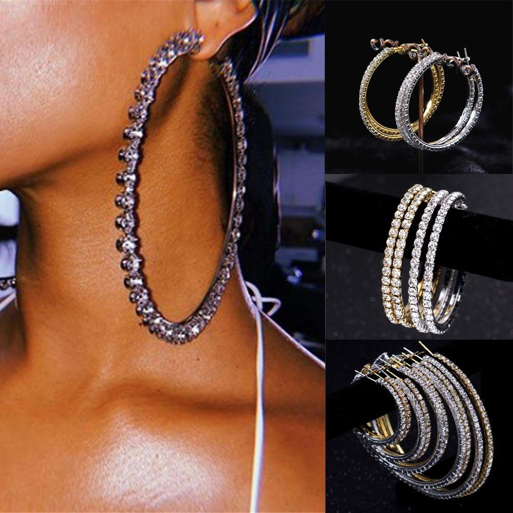 Chookyy Anting Hoop Kristal Shiny Bulat Lingkaran Besar Berlian Imitasi Menjuntai Perhiasan