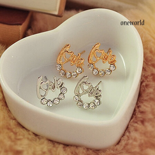 OW@ Fashion Women Elegant Shiny Rhinestone Love Letter Ear Stud Earrings Jewelry