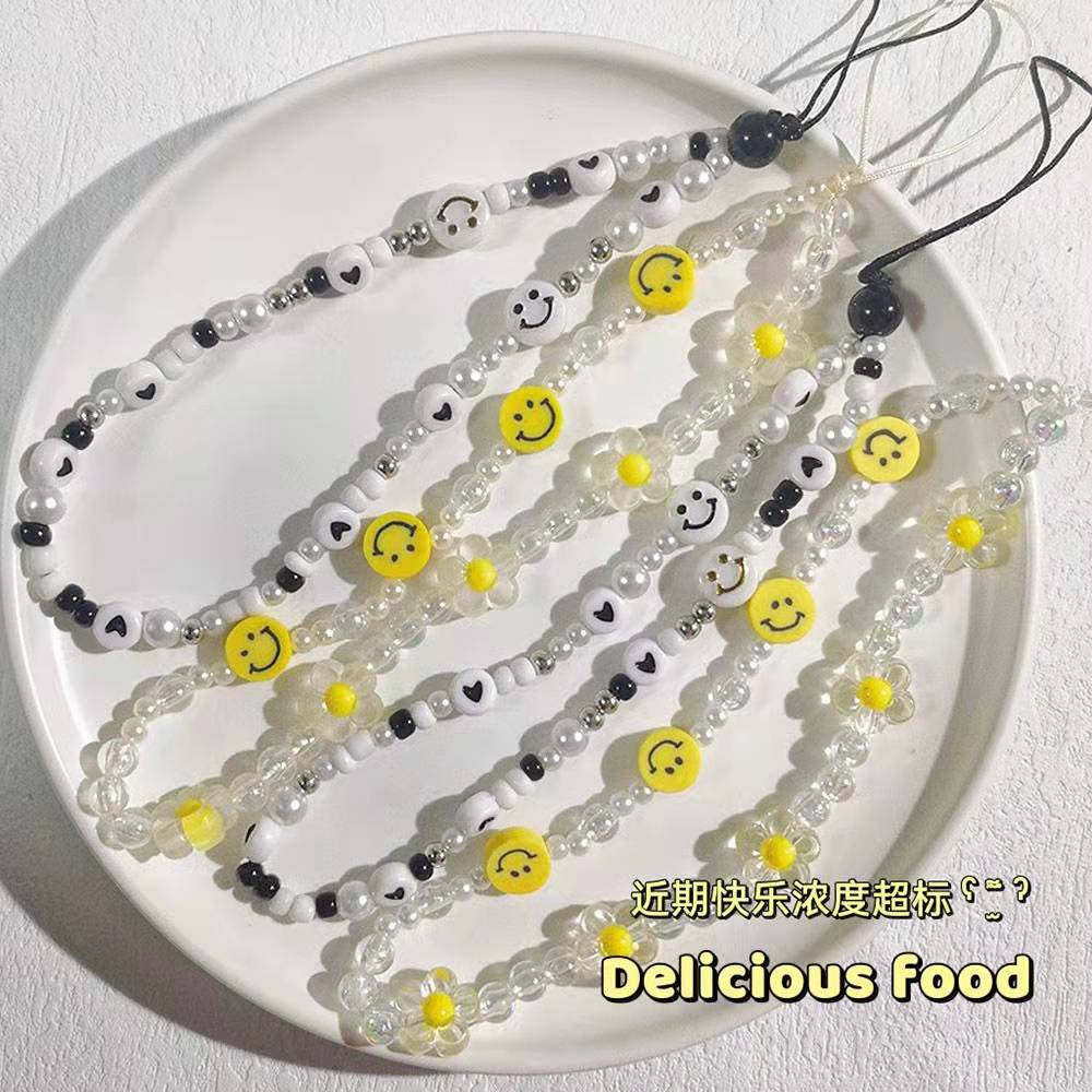 Tali Lanyard Motif Smiley Face / Bunga / Mutiara / Manik-Manik Akrilik Anti Hilang Untuk Aksesoris Handphone