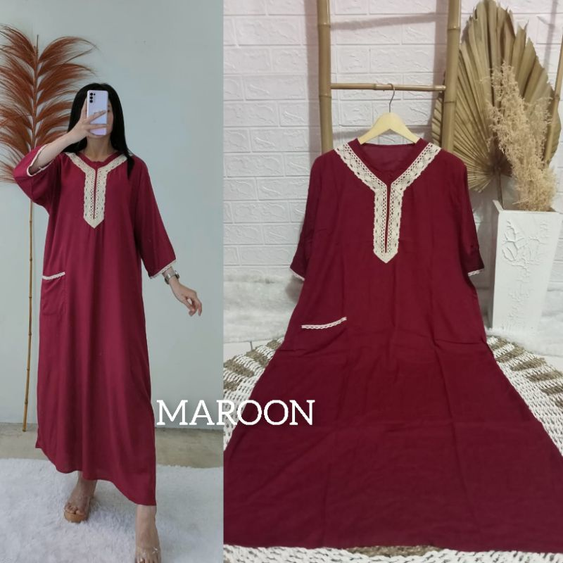 Daster BUSUI Arab Kekinian Tangan 3/4 (aisyah) / Daster Muslim Renda Jumbo LD 120 cm / Daster BUSUI /Daster kekinian /Daster Renda-Maroon
