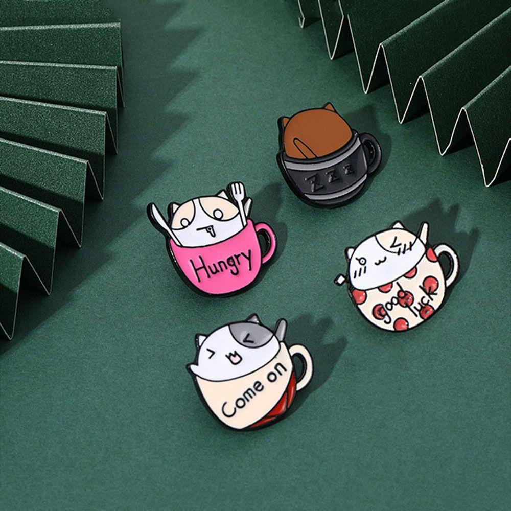 Lily Coffee Cup Cat Pin Wanita Anak Hadiah Tas Ransel Pakaian Lencana Pin