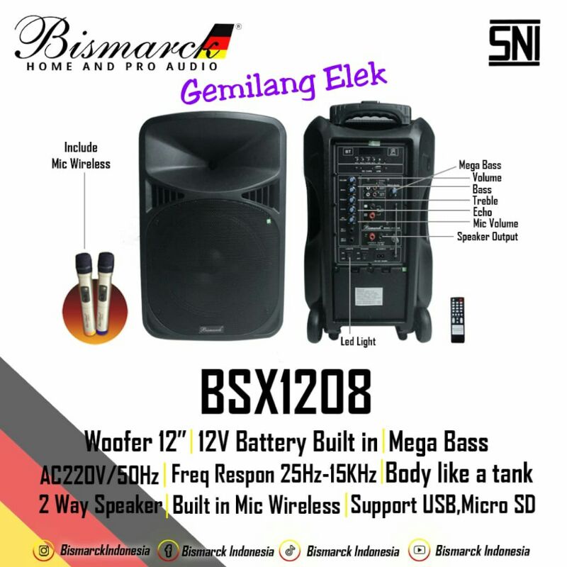 Speaker Portable Wireless BISMARCK BSX1208/ BSX 1208( 12 inch ) Garansi