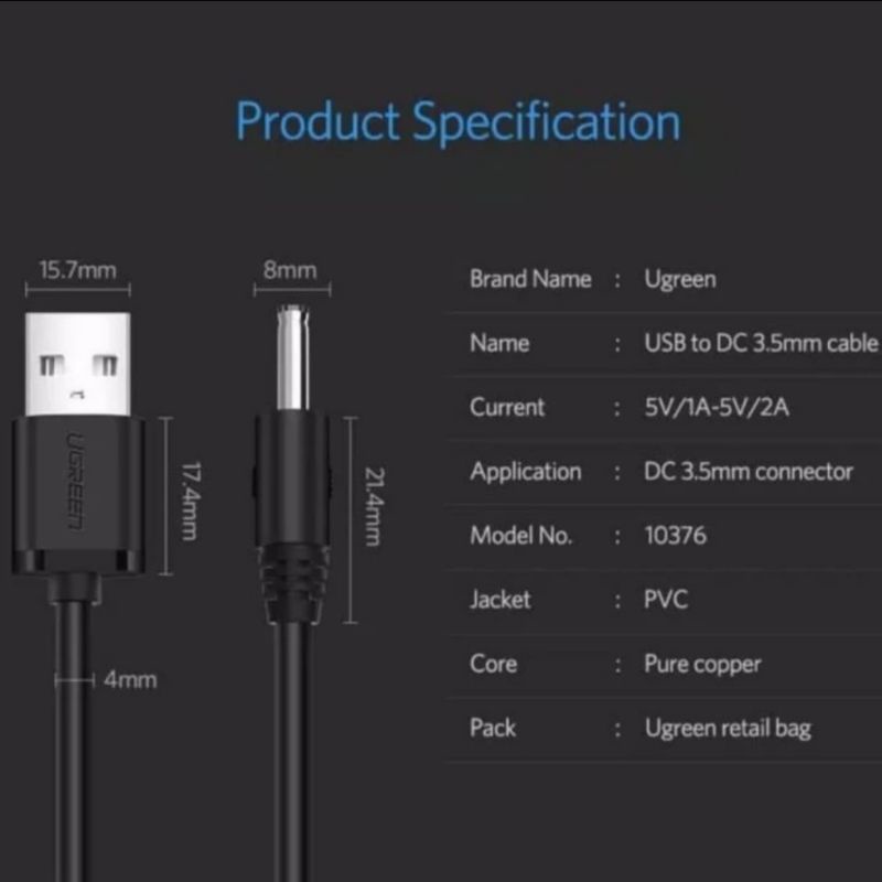 Ugreen Kabel Power Adapter Usb to Dc 3.5mm 5 V Panjang 100cm Original