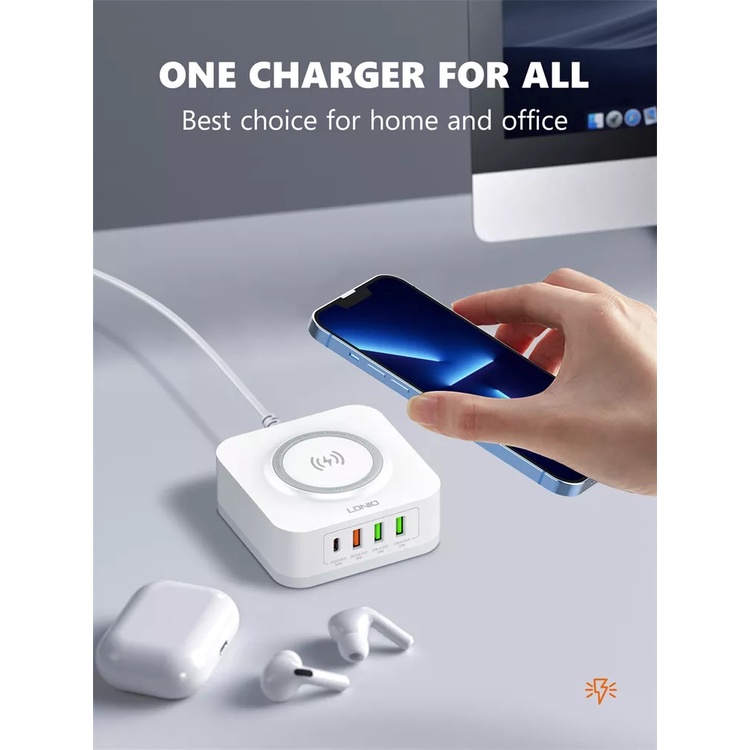 LDNIO AW004 - 32W Desktop Wireless Charger - 4 USB Support PD QC 3.0 - Charger Universal 4 USB Port dan Wireless Charger