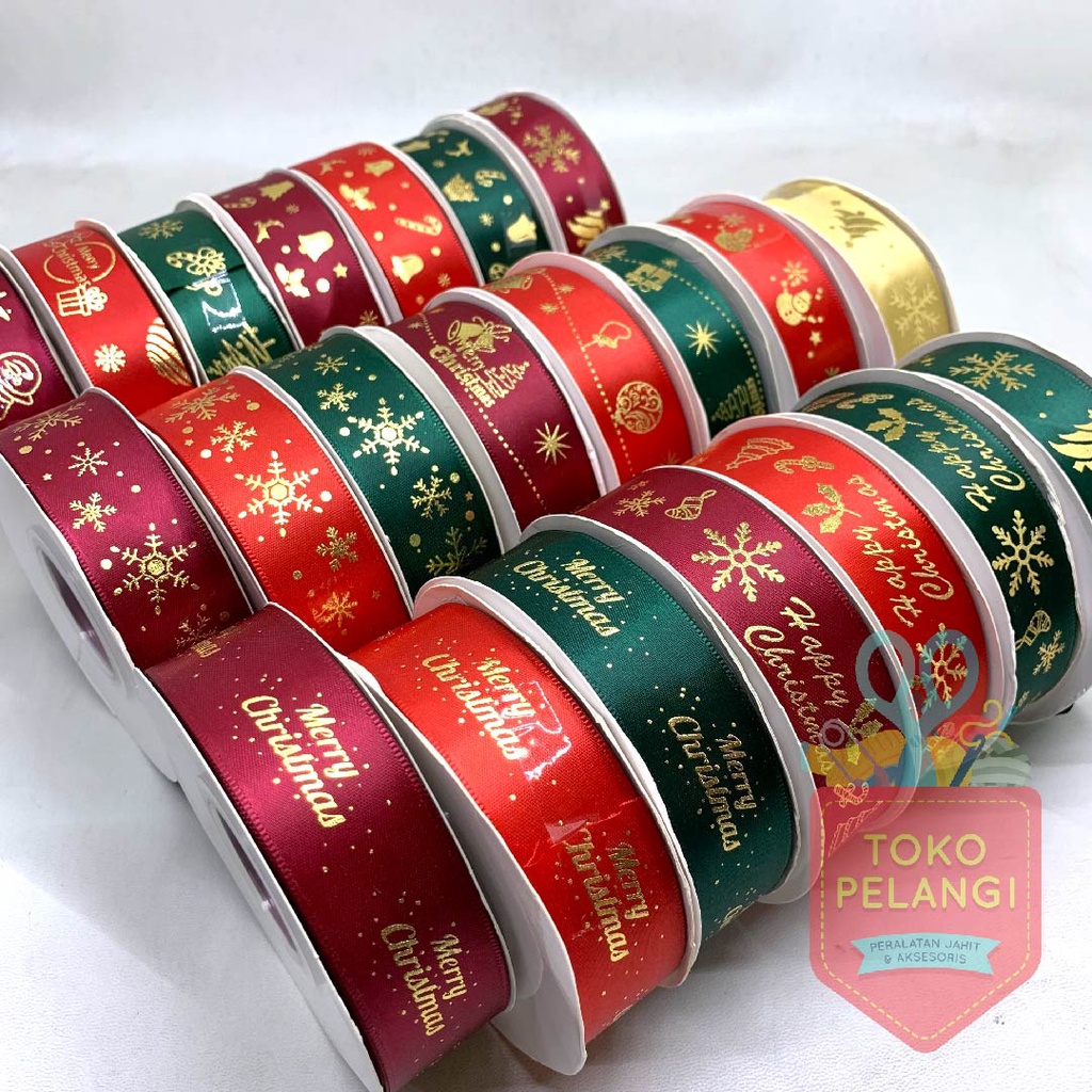 

ROLL(25 YARD) Pita Ribbon Natal Merry Christmas Kado Hampers Pohon Merah Hijau Emas Marun Wine 1inch/ 2,5cm