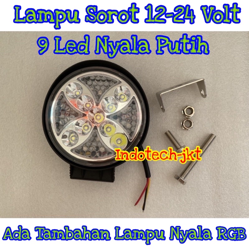 Lampu Sorot Tembak 9 Led 27 Watt 12-24 Volt Model Bulat Senja Nyala RGB