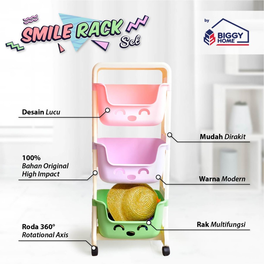 Rak Smile Roda Susun 3 Rak Salon / Kotak Tempat Penyimpanan Serbaguna / Rak Mainan Anak / Rak Buku Kamar Tidur Dapur Troli Kamar Mandi