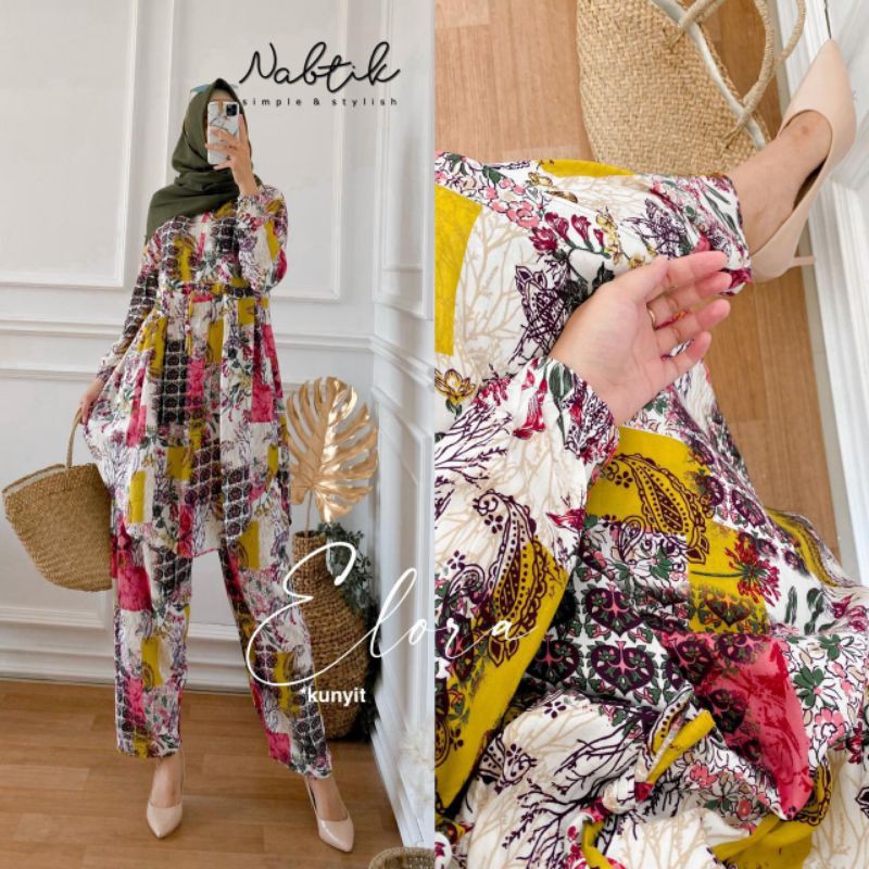 Setelan Rayon Wanita Muslim Elora Set Daily Ori Nabtik Ready Stok