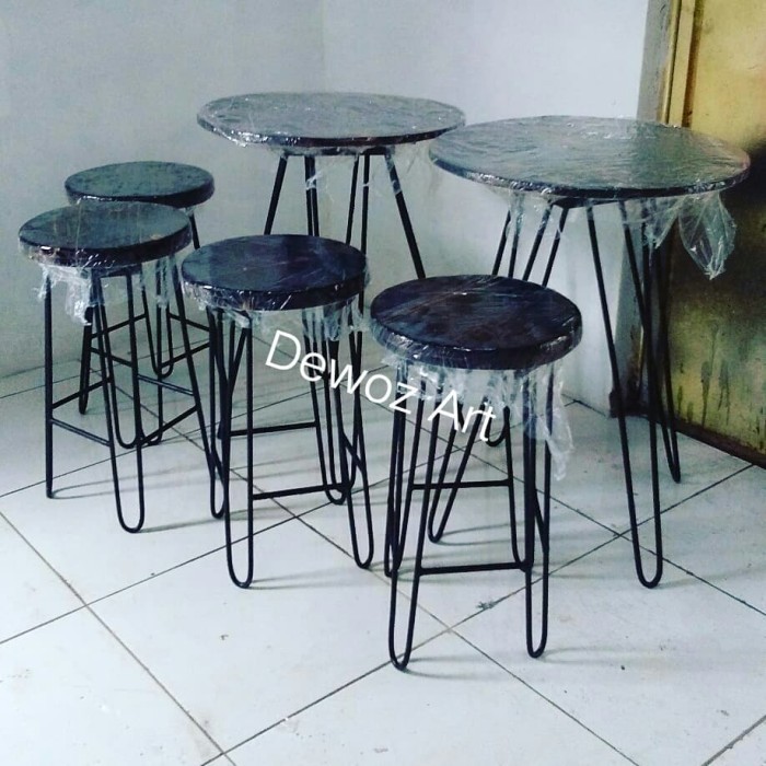 Best Seller - Meja Teras 1 Set - Meja Bangku Cafe Unik - Meja Kursi Kayu Rangka Besi - Dark Brown
