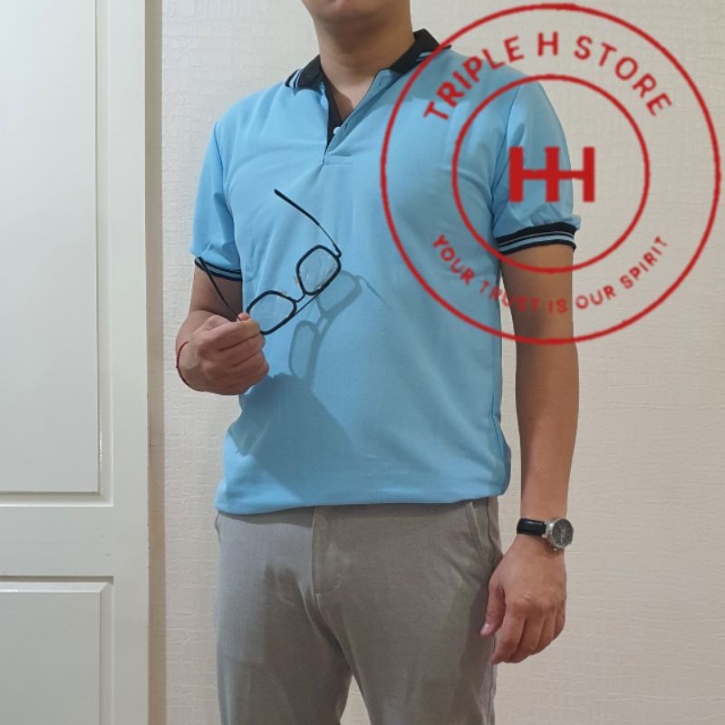 Kaos Polo Biru Langit Kerah Hitam Kualitas Ekspor