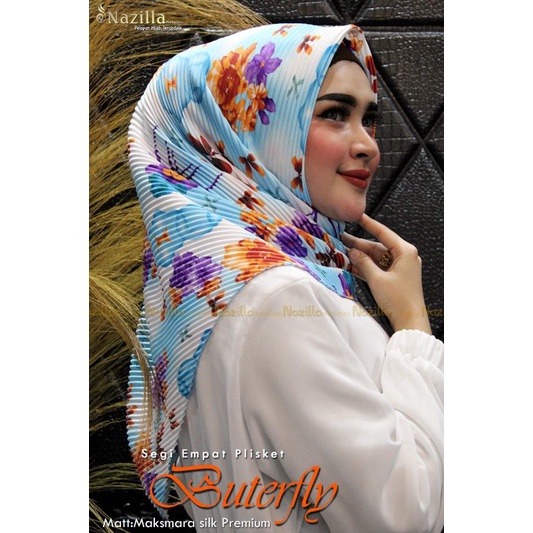 Jilbab Segi Empat Motif Plisket Polycatton Ori Nazilla-Buterfly Blue