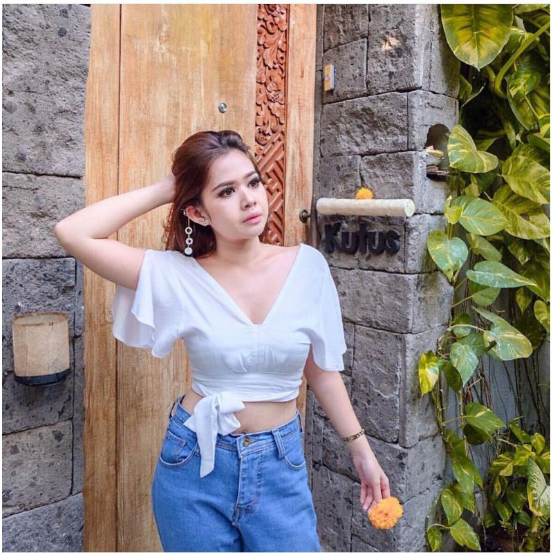 TOP SELENA  V NECK BLOUSE PUFFY TOP CROP TOP