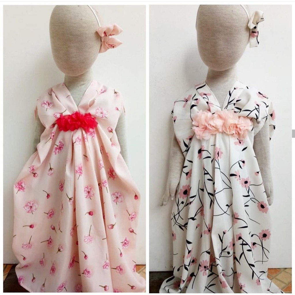 Baju dress kaftan motif bunga free bandana lucu fashion anak cewek perempuan 2-3tahun murah -kaf