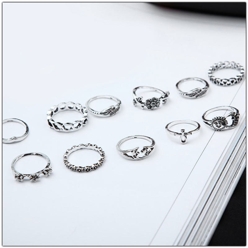 [11Pcs Set Fashion Vintage Simple Geometric Sun Moon Flower Leaf Rings For Women] [ Elegant Ladies Smooth Fine Thin Finger Ring] [Lovely Jewelry Gifts For Girl Friends]