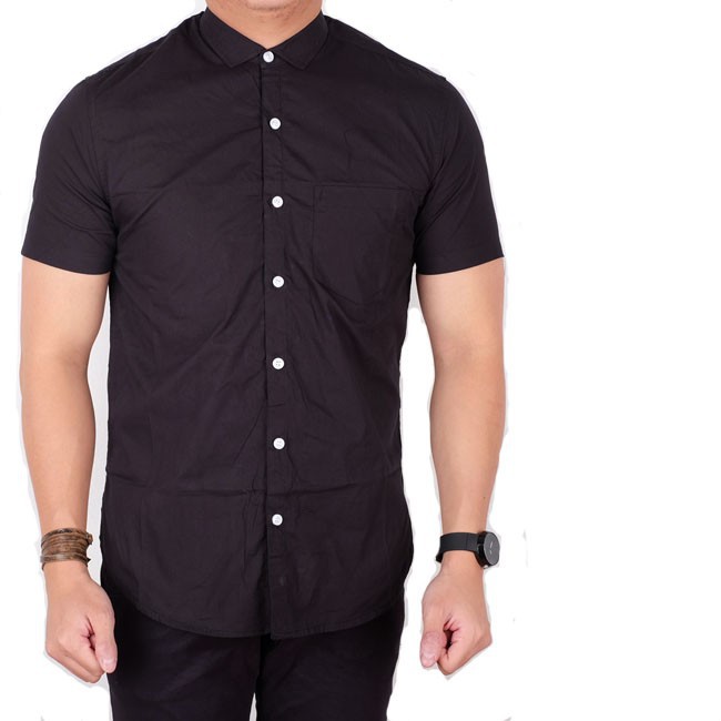 PROMO  Kemeja pria lengan pendek hitam motif koko / baju koko pendek hitam polos kancing putih