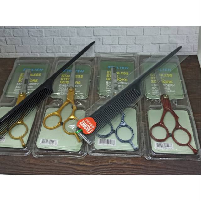 Paket gunting stainless rambut + gunting sasak + sisir salon hair styles
