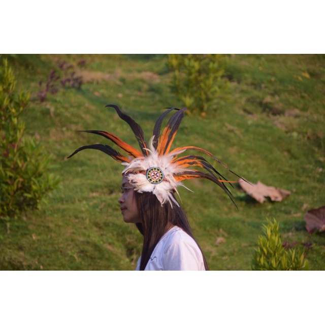 TOPI INDIAN - INDIAN HEADDRESS BANDO BULU AYAM ORANGE DAN MERAH