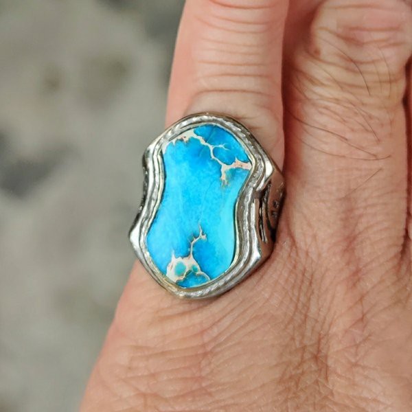 Cincin Batu Akik Natural Pirus Biru Nevada Motif Terompa