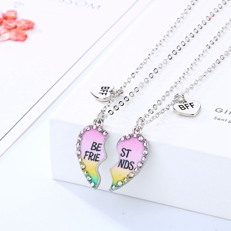 2pcs / Set Kalung Rantai Liontin Hati Motif Tulisan Best Friends Aksen Berlian Imitasi Untuk Wanita