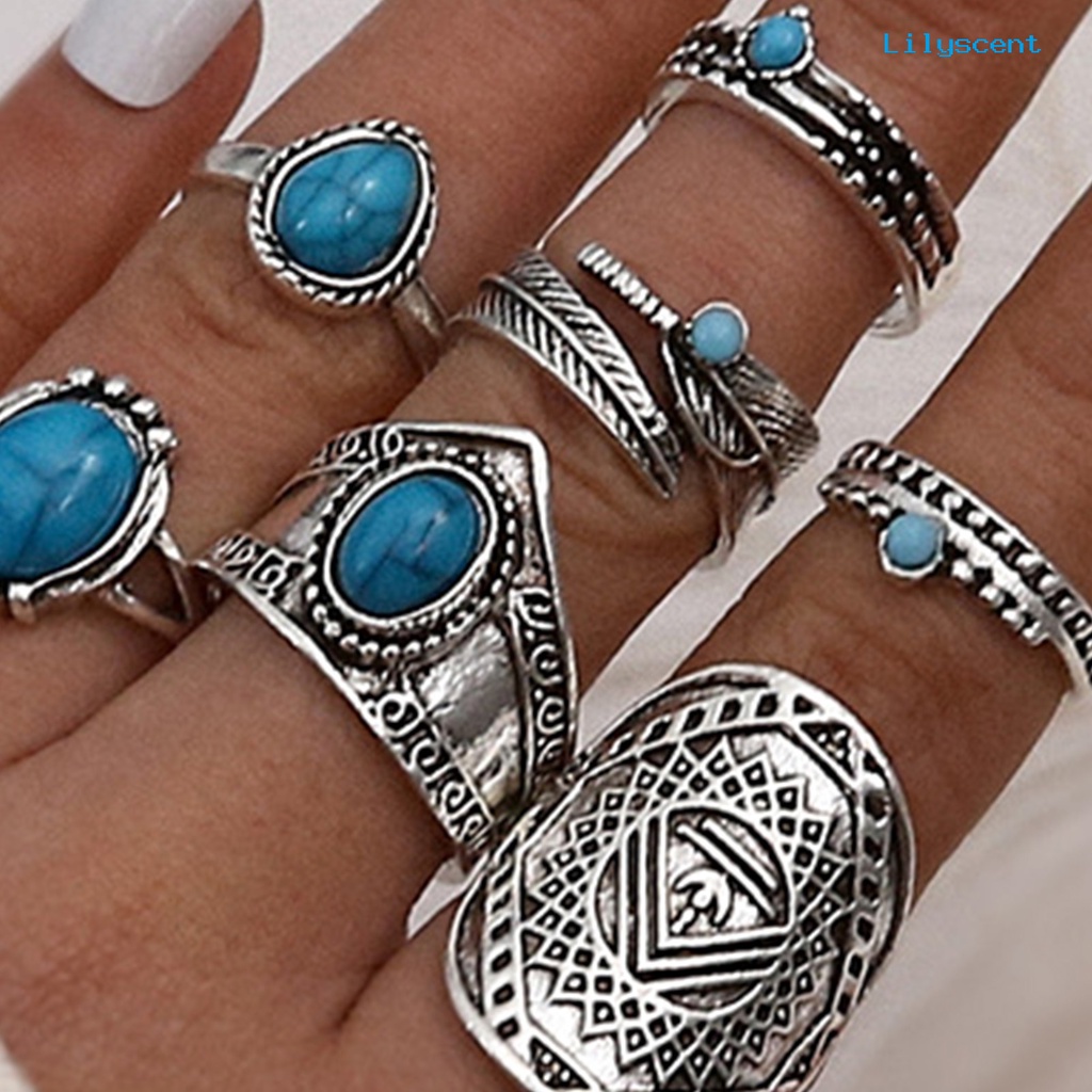 8pcs Cincin Knuckle Desain Daun Aksen Turquoise Imitasi Gaya Bohemian Untuk Unisex