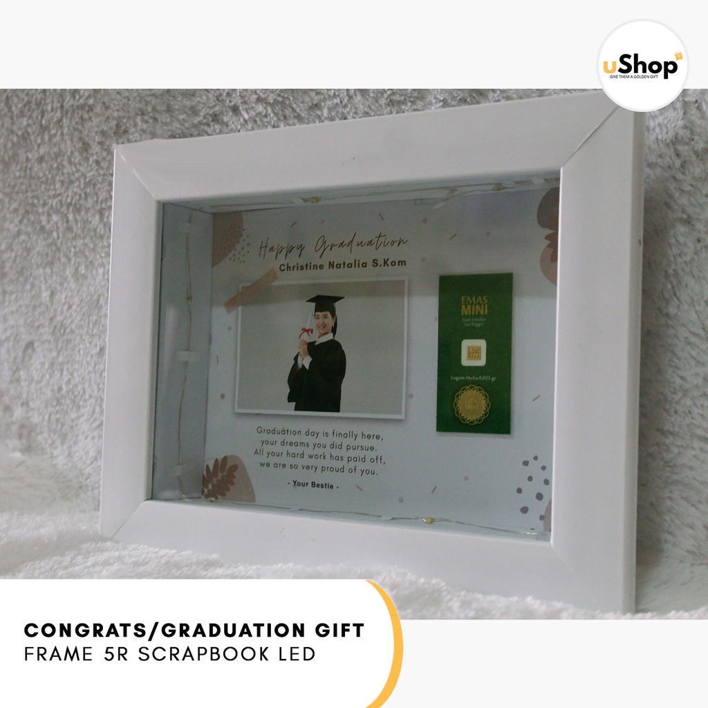 Graduation Congratulation Gift Kado Wisuda Frame 5R Scrapbook LED Logam Mulia Emas Mini