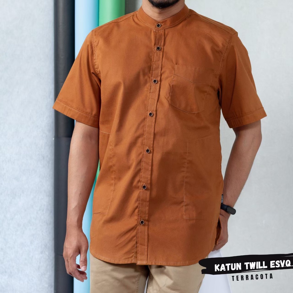 SAVIQ kemko lengan pendek baju muslim polos pria kemeja koko Hitam kode KQS4004