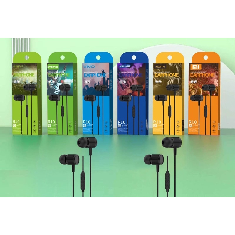 HANDSFREE EARPHONE BRAND R10 SUARA SUPER BASS PACKINGAN EXCLUSIVE HEADSET TERPOPULER SEN