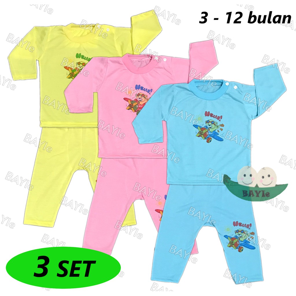 BAYIe - 3 SET Setelan Kaos Oblong Bayi / Anak Lengan PANJANG Motif HELLO MF umur 3 - 12 bulan