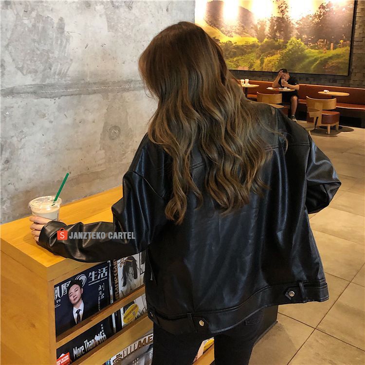 JNK x NYC - Jaket Kulit Oversize Leather Jacket Women Wanita Korean Jumbo Oversized Crop Asli Garut Original Premium Import Distro Korean Style Rock N Roll 100% Cewek Kekinian Besar Tebal Button Terbaru 2023 Classic Vintage Casual Warna Hitam Ukuran M-XXL