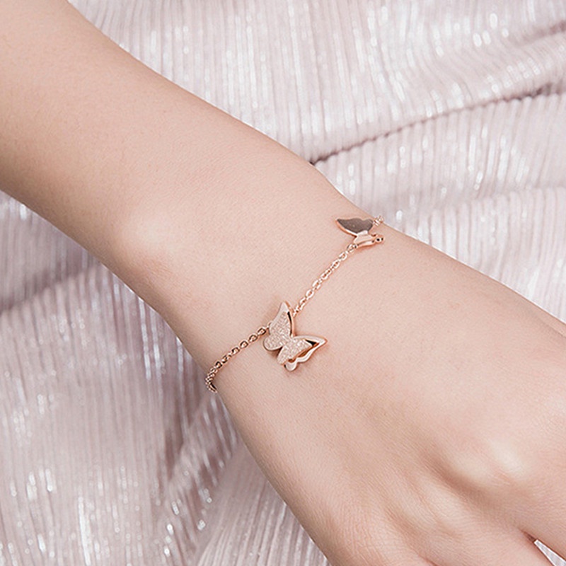 Gelang Titanium Kupu Wanita Anti Karat 18k Emas Mawar Fashion Korea Perhiasan