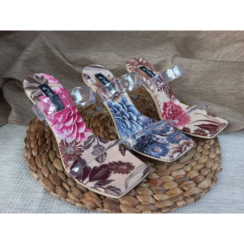 Olentia Sandal Wanita Sandal Heels kaca motif bunga KS 07