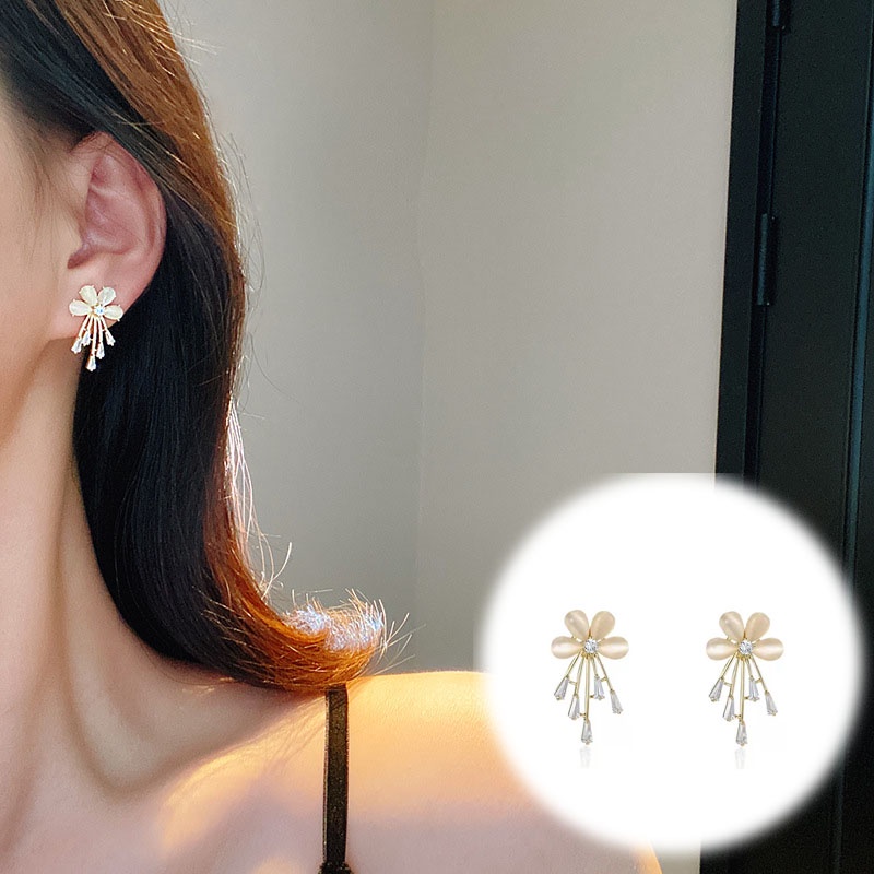 Anting Tusuk Gantung Desain Bunga Hias Opal Gaya Trendysimpleperi Untuk Wanita